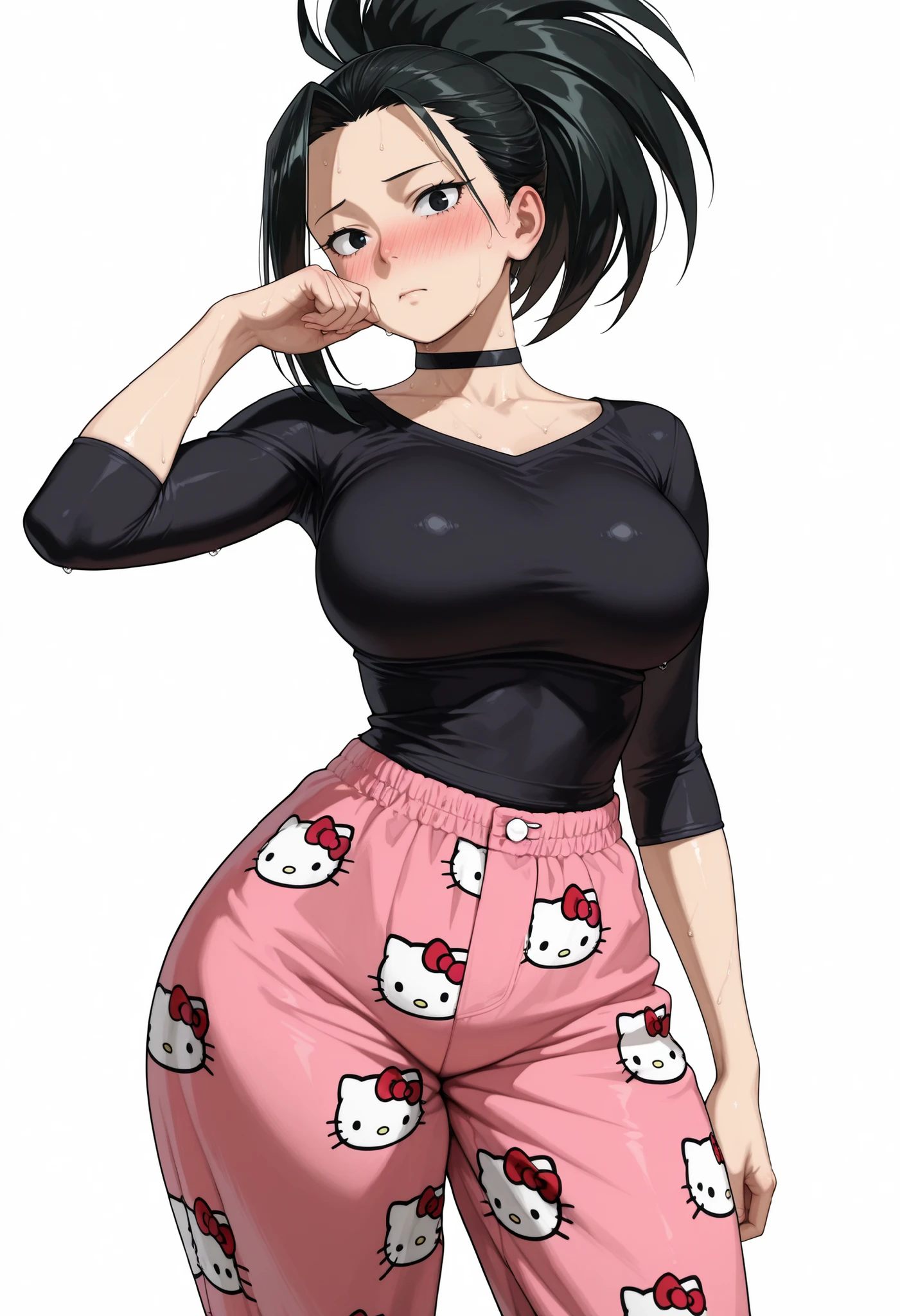 nose blush, shiny legs, shiny body, shiny hair, clear skin, clear body, short hair,,, standing, (masterpiece), best quality, expressive eyes, perfect face,1girl,(large breasts), sweat, sweaty, sweaty:1.3, nose blush, looking at viewer,, nice legs,, posing, yaoyorozu momo, long hair, bangs, black hair, ponytail, black eyes, high ponytail, wide ponytail, tight clothes,,, COWBOY SHOT,, SOLO, thick thighs , soft glossy skin , detailed shading , soft light , realistic anime style , ultra-detailed , 8k , masterpiece , highly detailed ,, , VIEW FROM FRONT , , black choker ,, hourglass figure , large bust and wide hips ,, standing confidently in a seductive pose , POSING , OPAQUE CLOTHES , covered breasts , ,, , NOSE BLUSH, STRONG BLUSH, HARD BLUSH,, ,, , . white background, empty background,
, ,, shy and surprised expression, wearing a tight black sweatshirt, pulling the hem up slightly to reveal part of her waist, one hand partially covering her face, pink pajama pants with Hello Kitty print, hello kitty pajama pants,pink/black pants,hello kitty pajama pants, pink/black pants, BIG ASS, THICK THIGS; WIDE HIPS, slim waist, POSING