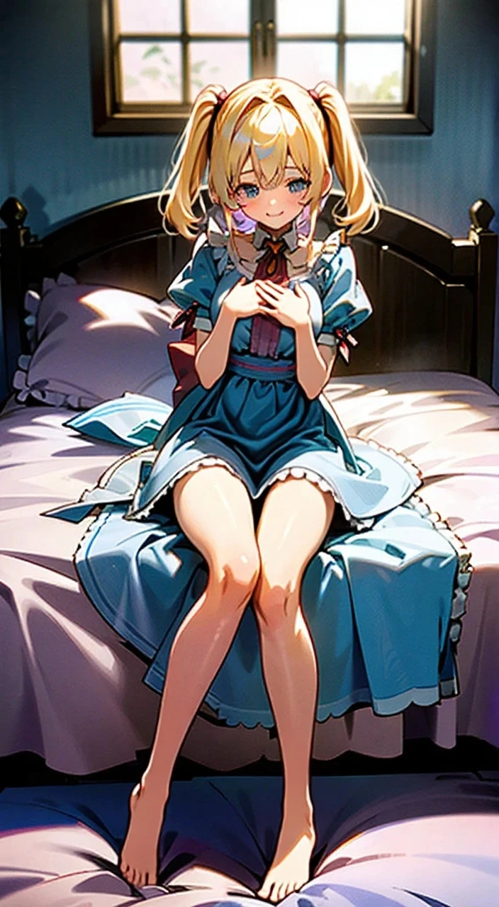 anime styled, The ultra -The high-definition, alice in the wonderland, Super cute girl, a blond, Long, shame, A sweet inviting smile, Light blue fluttering short dress, frilldの付いた白いエプロンスカートを重ねる, frilld, B-cup breasts, Light blue fluttering mini skirt, The socks are long white knee-high socks that go from the toes to mid-thigh., and draw the full body, Inside an old Western-style building, absurd worldview, window where bright sunlight shines through, Her clothes are a little disarrayed and her breasts are exposed., Lie down on the bed, Lying down and looking at me, Lying Pose, Reach out to the camera,legs slightly apart, Her clothes are a little messed up and her breasts are showing., Draw the nipples too, The crotch is visible from the hem of the skirt, A thin pubic hair on the crotch