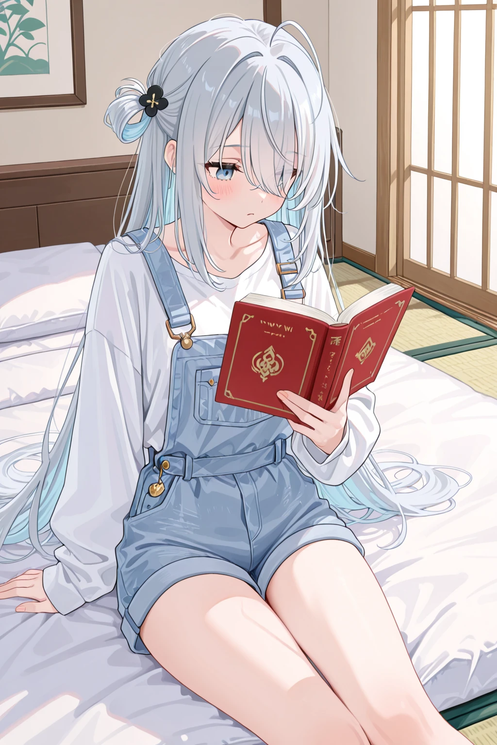 over knee socks，whaite hair，Blue hairpin，Bigchest，Reveal underwear