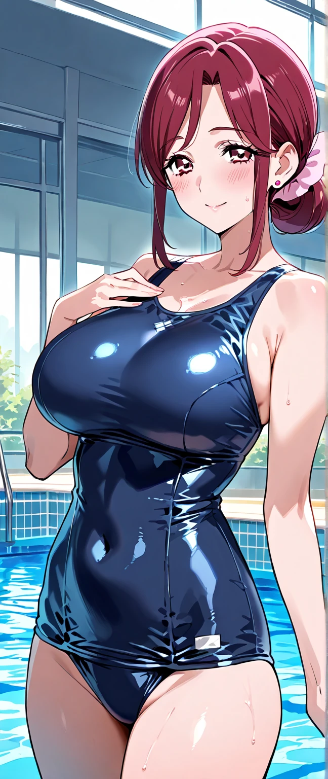 score_9, score_8_up, score_7_up, score_6_up, score_5_up, score_4_up, (masterpiece:1.4)、(highest quality:1.4)、ultra high resolution、beautiful features、30 year old woman、mature female, milf, mother, brown short hair, (huge breasts:1.3)、red face、blush, smile, swimsuit, school_swimsuit, wet, heavy breath, swimming pool, jacket