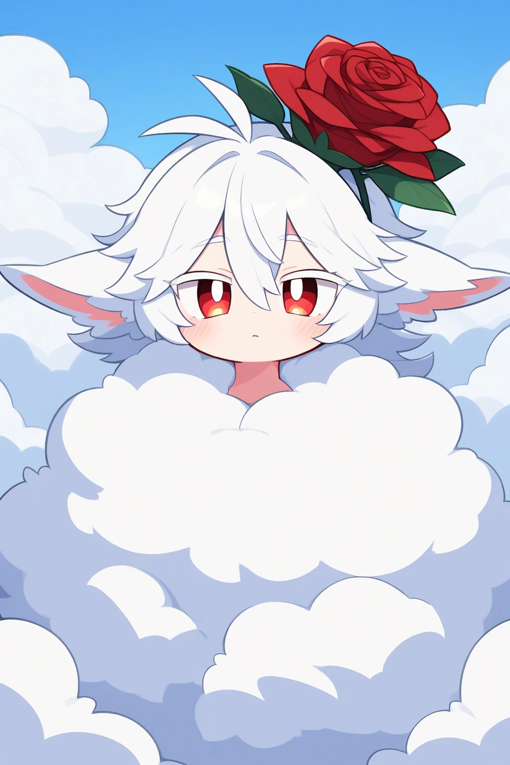furry male prince cub boy, short-height squishy body, sacred innocent boy, albino white snow cat boy, waiting his partner, mini boy, open mouth, admirable and priseworthy boy, innocent naive boy, red eyes, best quality, masterpiece, ephemeral boy, looking at viewer, rainy, looking up, from higher point of view, from birds's point of view, dynamic angle, naked, pink umbrella, cloud, rain cloud