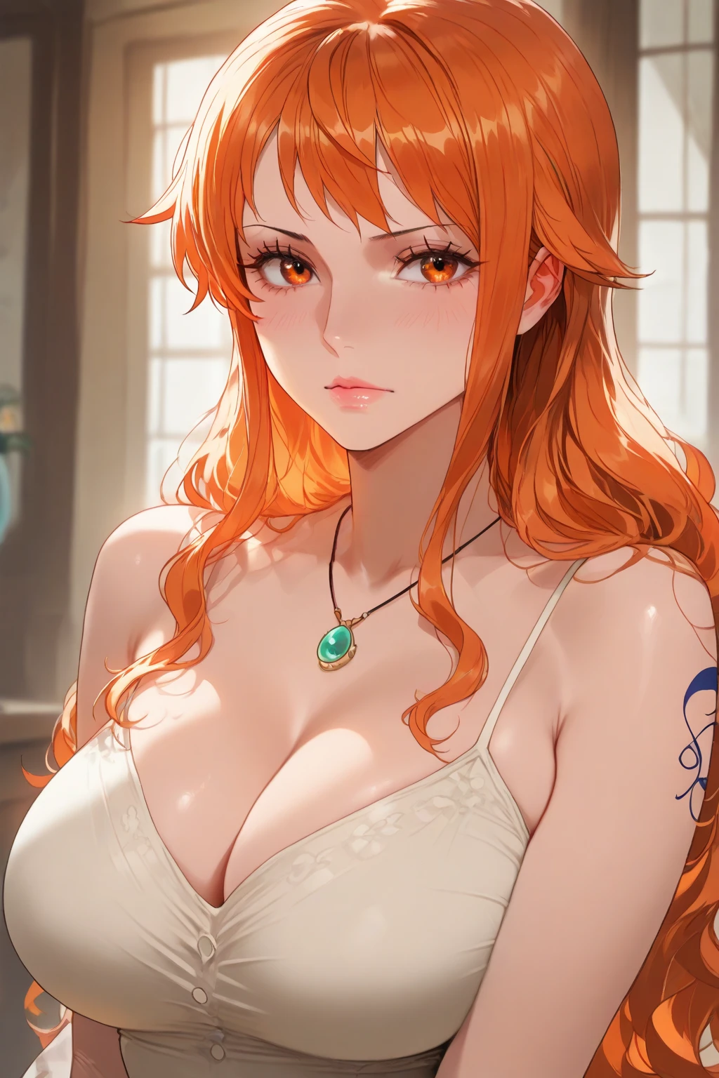 A beautiful young woman in a seductive pose, cosplaying anime character nami from one piece with silky blunt orange hair, heavy jhumka earrings, and a perfect hourglass figure. Cleavage.Her face is detailed with stunning eyes, full lips, and flawless makeup. The scene is set with dark, cinematic lighting that creates a dramatic, photorealistic effect. The overall image is a high-quality, masterpiece-level 8K rendering.