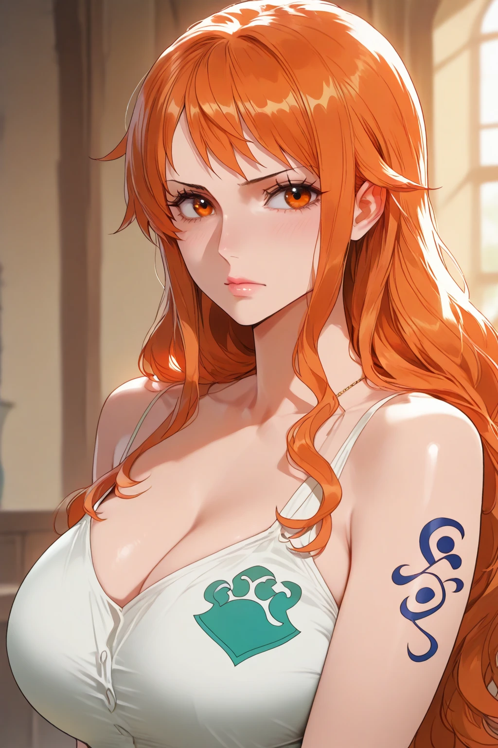 A beautiful young woman in a seductive pose, cosplaying anime character nami from one piece with silky blunt orange hair, heavy jhumka earrings, and a perfect hourglass figure. Cleavage.Her face is detailed with stunning eyes, full lips, and flawless makeup. The scene is set with dark, cinematic lighting that creates a dramatic, photorealistic effect. The overall image is a high-quality, masterpiece-level 8K rendering.