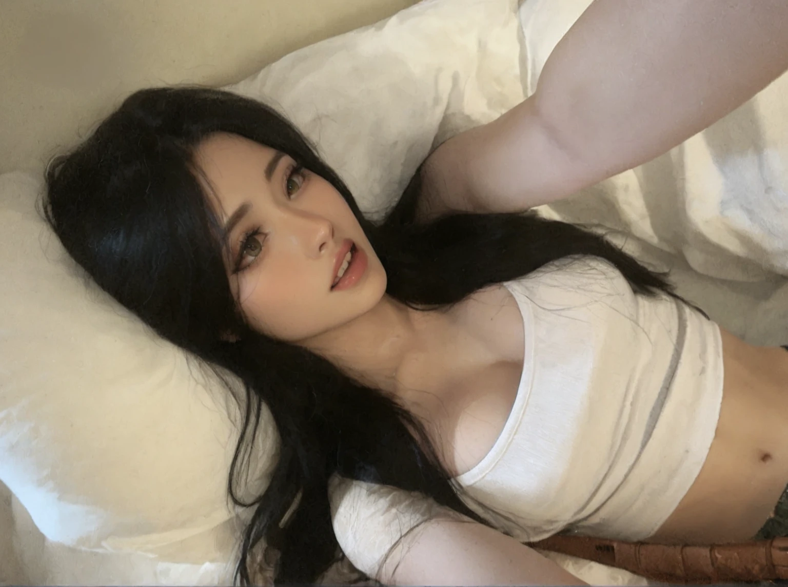 (NSFW),((Highest quality, 8K, masterpiece,whole body photos: 1.3)). ((Thai Model Adult Magazine)), Beautiful woman with perfect figure :1.4, Slim abs :1.2, ((Very long, unkempt black hair、Long black hair that spreads across the bed、Long black hair that covers the body、necklace)), Highly detailed face, Highly detailed lips, Fine grain, double eyelid, Makeup face. 、Long and beautiful eyelashes,Sweaty skin trasparente Skin,
((Micro Panties)), ((sexy shirt)), Long legs_whole body. sleep. Lying on your back. Close your eyes. sleep. Open your mouth Lying on your back. Close your eyes. sleep. Open your mouth Lying on your back. Close your eyes. On the bed, selfie posa, lenzuola trasparenti, nuda, phorn hot xxx