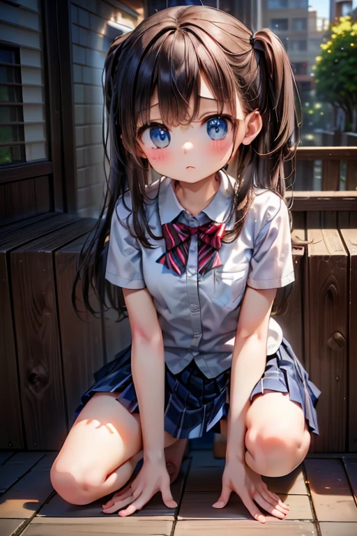 country(blue lane),(origin),school_uniform,1 girl,Alone,outdoor, looking at the viewer,, ,Masterpiece, Best Quality, ultra detailed, illustration,
