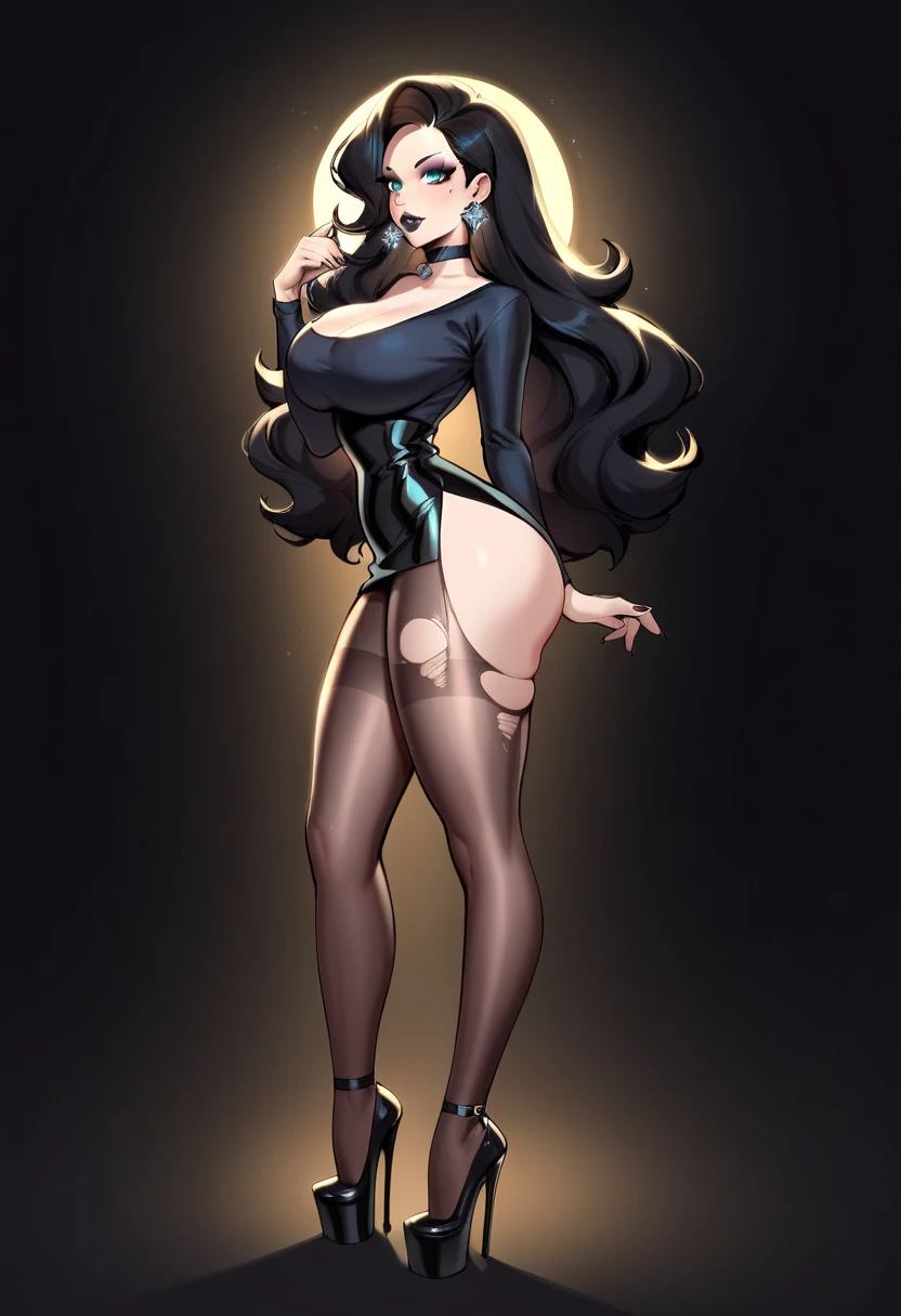 (masterpiece), best quality, expressive eyes, perfect face, olive skin, (((skimpy witch costume))), sexy, huge natural , huge ass, full body, jewelry, high heels, sexy, beautiful, long black hair, blue eyes, full body, aroused, lustful look, horny, (sadistic), (((domino mask))), (((sentai villain))), black witch hat, ((((1girl)))), standing pose