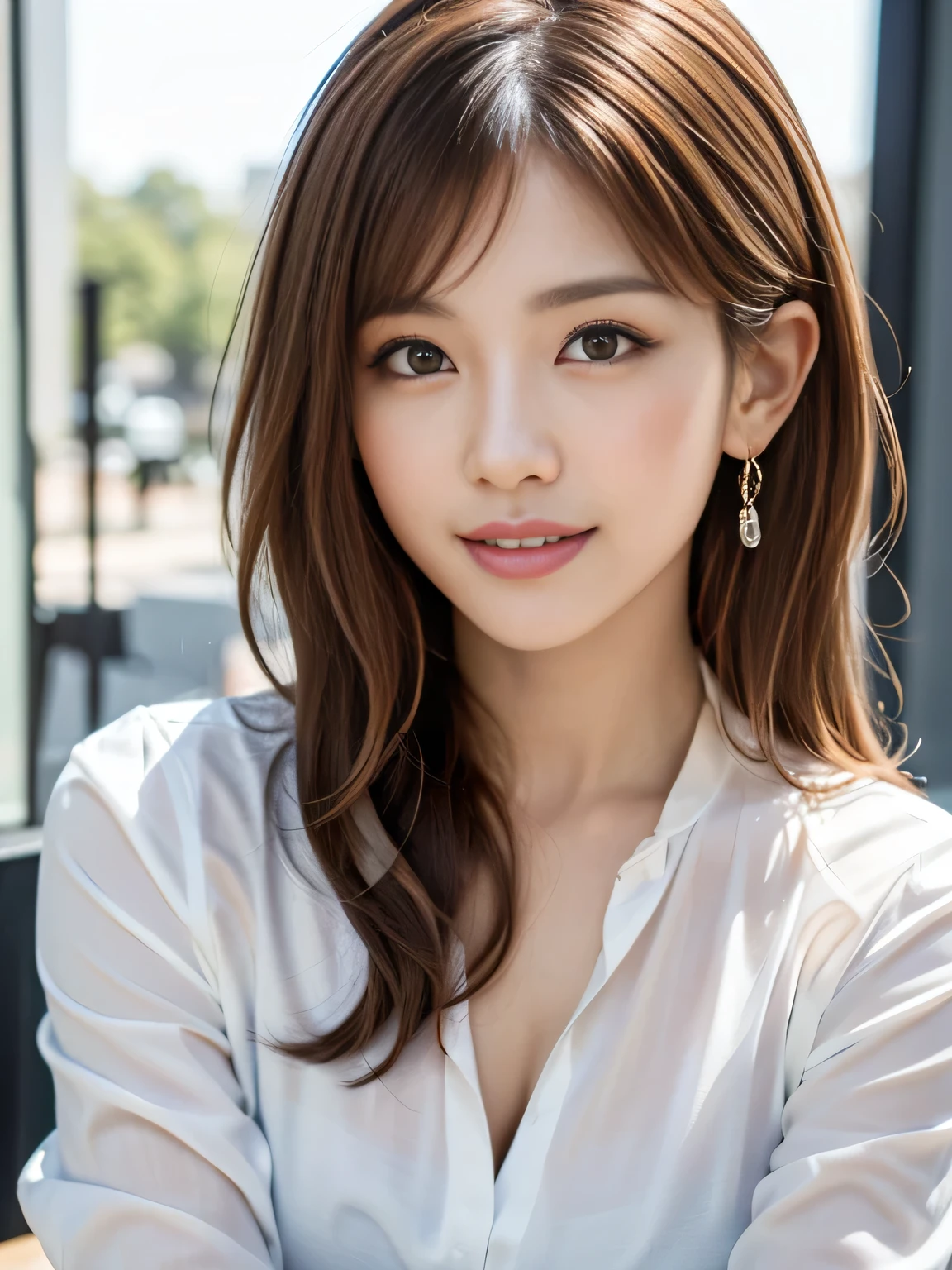 table top、highest quality、real、Super detailed、finely、High resolution、8k wallpaper、one beautiful woman、、light brown messy hair、He is wearing a red see-through dress shirt with an open collar、sharp focus、perfect dynamic composition、beautiful detailed eyes、thin hair、Detailed and realistic skin texture、smile、close up portrait、model body shape、President's Secretary、miniskirt、high heels、whole body、Random body orientation、