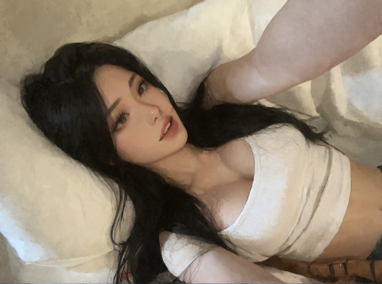 Top quality photos of sexy beautiful women:1.2),(Luis Royo, fantasy and erotic, :1.2),beautiful and stylish woman, Surreal portrait of a beautiful girl, Glowing, natural skin texture,(Particles of light are floating ), (complete anatomy:1.2),(perfect female body:1.3),close-up photo, Glowing, natural skin texture, fantasy art, soft front lighting, beautiful expression, Cute face,(overly detailed face, looking at viewer), detailed eyes, black eye, shiny lips ,beautiful breasts, big bust: 1.2, good eyes, clear and eye-catching, beautiful and fascinating, beautiful eyes, thin waist, physically thin, Beautiful appearance, red lips, ((black hair, long hair)) , 1 screen view, (sexy posture),((((all nude ,lots of pubic hair)))),(smile),(best quality, bed highly detailed, Ultra A high resolution, realistic, RAW photos, absurd, absolute resolution:1.4),(((Open your legs wide when you sleep:1.5)))