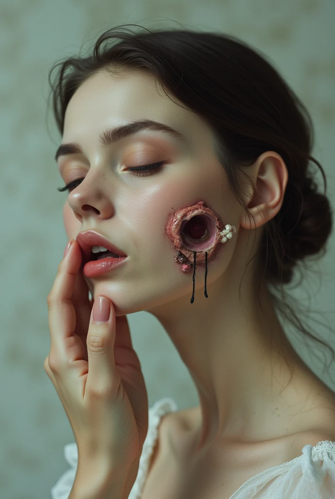 there is a woman with a big dick on her face, his face flushed and sweaty, thick red lips, digital art. @mariomaniacdude, inspired by Hedi Xandt, thick lips, cream dripping on face, give your mouth, crying and reaching with his arm, red lipstick on face, retouched hands, digital art but photo