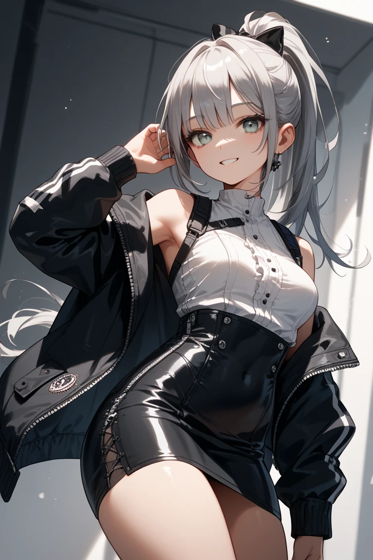 FrankaBase, long hair, fox tail, collared shirt, grey shirt, id card, black gloves, black skirt, black thighhighs, uneven legwear FrankaRainforest, long hair, fox tail, black choker, crop top, white jacket, cropped jacket, midriff, black shorts, black pantyhose
