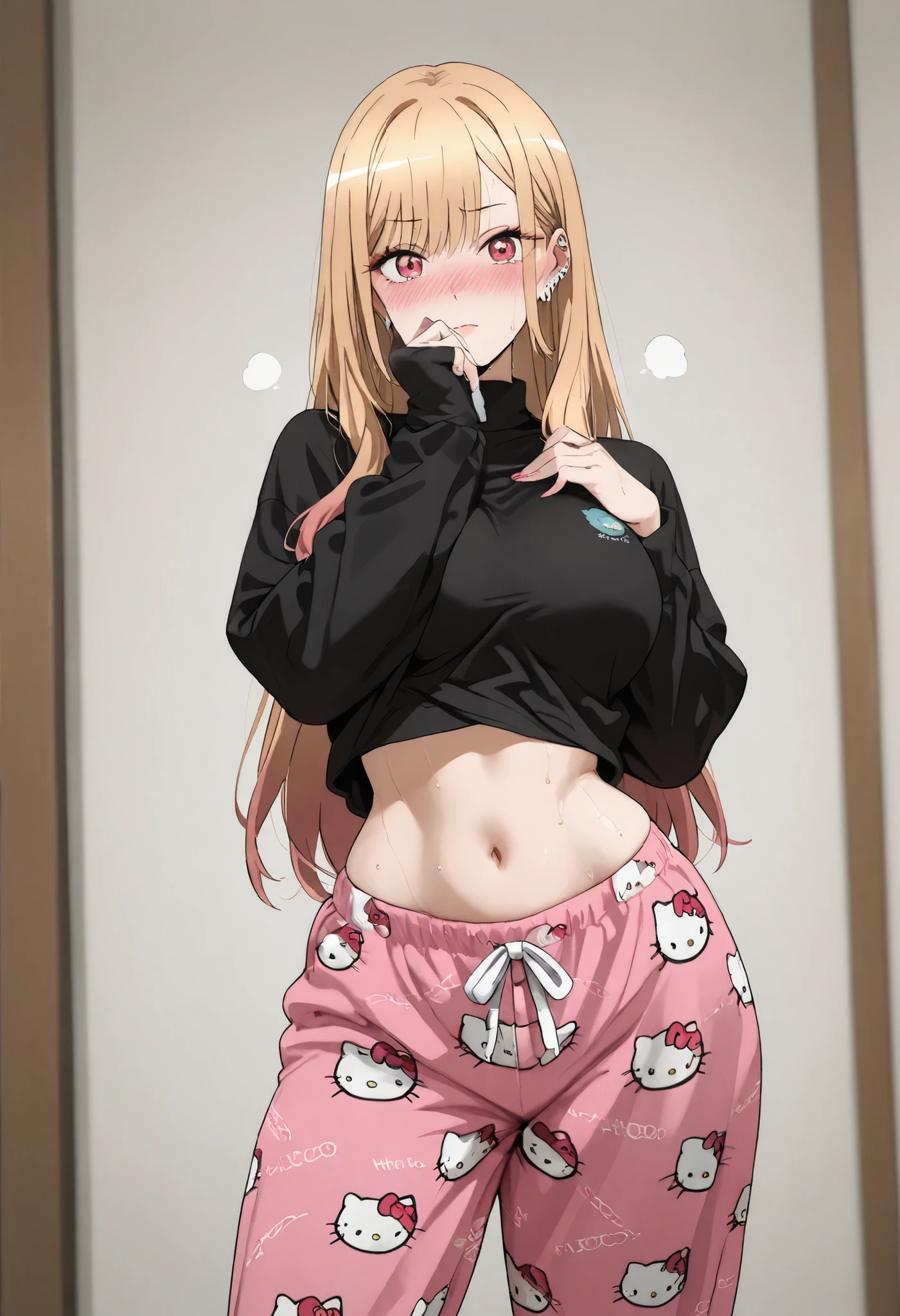 marin kitagawa, large breast, thic thigh,, multicolored hair, blonde hair, long hair, magenta eyes, ear piercing, earrings, pink nails, makeup,, nice legs, looking at viewer, solo, looking at viewer, nose blush, shiny legs, shiny body, shiny hair, clear skin, clear body, sweat, sweaty, sweaty:1.3, large breasts,, thick thigh, thick thighs, standing, nice legs, solo, large breasts, thick thigh,    dynamic pose, navel ,midriff,, POSING, DYNAMIC POSE, large bust and wide hips ,, standing confidently in a seductive pose , POSING , OPAQUE CLOTHES , covered breasts , ,, , NOSE BLUSH, STRONG BLUSH, HARD BLUSH,, ,, , . white background, empty background, , ,, shy and surprised expression, wearing a tight black sweatshirt, pulling the hem up slightly to reveal part of her waist, one hand partially covering her face, pink pajama pants with Hello Kitty print, hello kitty pajama pants,pink/black pants,hello kitty pajama pants, pink/black pants, BIG ASS, THICK THIGS; WIDE HIPS, slim waist, POSING
