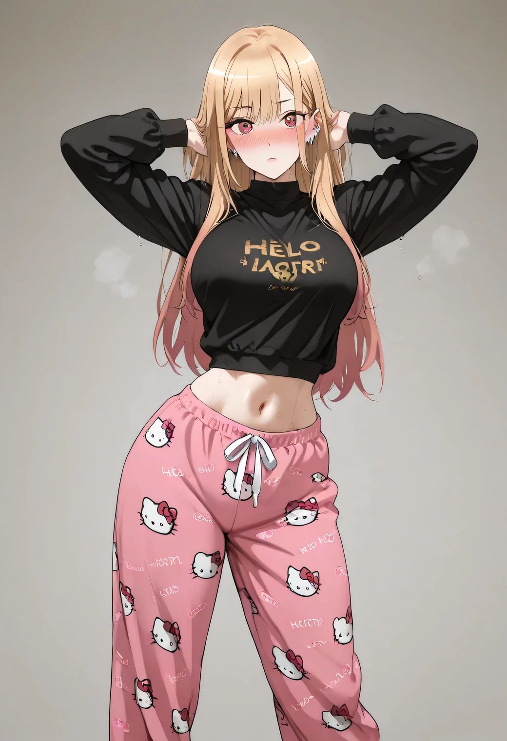 marin kitagawa, large breast, thic thigh,, multicolored hair, blonde hair, long hair, magenta eyes, ear piercing, earrings, pink nails, makeup,, nice legs, looking at viewer, solo, looking at viewer, nose blush, shiny legs, shiny body, shiny hair, clear skin, clear body, sweat, sweaty, sweaty:1.3, large breasts,, thick thigh, thick thighs, standing, nice legs, solo, large breasts, thick thigh,    dynamic pose, navel ,midriff,, POSING, DYNAMIC POSE, large bust and wide hips ,, standing confidently in a seductive pose , POSING , OPAQUE CLOTHES , covered breasts , ,, , NOSE BLUSH, STRONG BLUSH, HARD BLUSH,, ,, , . white background, empty background, , ,, shy and surprised expression, wearing a tight black sweatshirt, pulling the hem up slightly to reveal part of her waist, one hand partially covering her face, pink pajama pants with Hello Kitty print, hello kitty pajama pants,pink/black pants,hello kitty pajama pants, pink/black pants, BIG ASS, THICK THIGS; WIDE HIPS, slim waist, POSING
