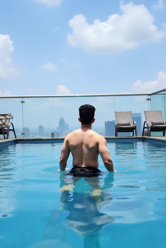 1 man,handsome face, musculine stocky beefy body, big pecs, big , big arms, wide chest, wide shoulders, black very short hair, white flawless skin, standing in the blue swimming pool, viewer looking, night dim light background, anime art, digital art, illustration deatiled, HD, 8K