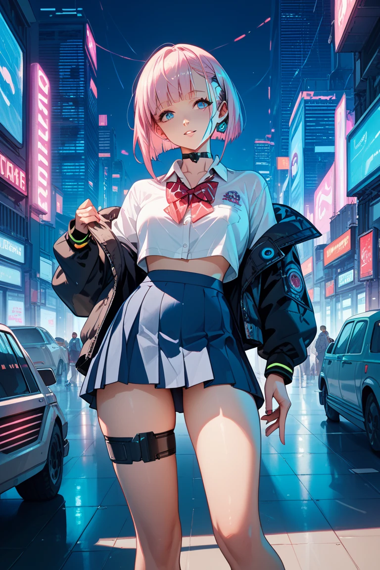 (NSFW),like a cover、Professional Woman Photography, masutepiece, Super、Big, reallistic, cyberpunk art background、Lover's perspective, (sweat bangle: 1.3), blur backgroun, beautiful villain woman photo, ((Punk style)), pantyshot,Open front, Skirt, ((pink hoodie, Peach-colored hair)), Realistic, Beautiful lips, Brown eyes, Pink checked pleated skirt, of the highest quality, Ultra Detail, Naughty angles, long eyes, Mature beautiful face, Seductive eyes, Back lighting,