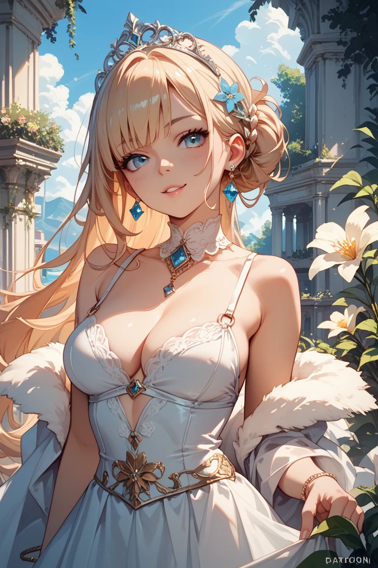 masterpiece、Highest quality、High resolution、High-quality images、8K, 17-year-old girl、Skin Radiance、Texture of skin and clothing、Expression of fine eyes、Sparkling blonde,Long Hair Girl、dress, Beautiful light blue eyes, Fuller lips, Gorgeous face with attention to detail, (Cute Smile), charm, Innocent, Side view, (Perfectly detailed face), (Beautiful Hands) Photorealistic images, Written boundary depth, flower、sun、Big Breasts、garden、、Feather ornament、White clothes、goddess
