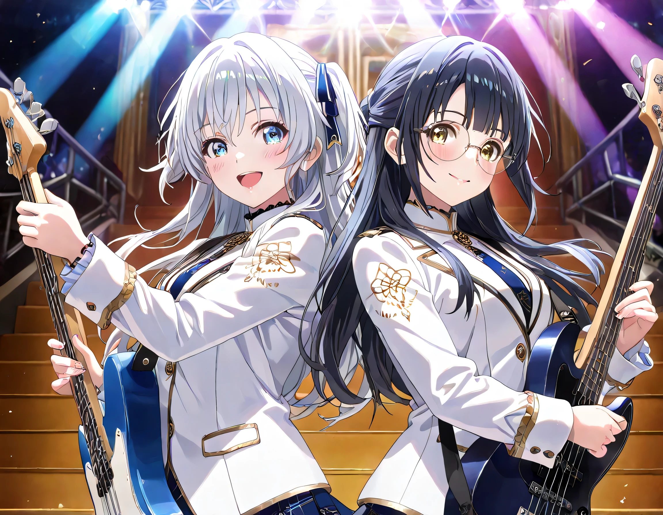((ultra-detailed)), (highly detailed CG illustration), (best quality:1.2), ultra-highly detailed, colorful composition, artistic photoshoot, 2girls, duo focus, Yuri:1.3, back-to-back:1.4, upper body:1.2, cowboy shot, moe anime character, on idol stage, playing_instrument, round face, rounded chin:1.2, short stature, white fitted jacket, metallic silver trim, dark navy blue accents, shoulders and sleeves detail, elaborate gold embellishments, ornate collar, ornate shoulder details, long sleeves, dark cuffs, blue criss-cross ribbons, tied into bows, upper arms, two ornate metallic medallions, hanging from waist, dark blue straps, blue necktie, standing collar, pleated skirt, layered navy panels, bright blue panels, subtle gradient, symmetrical silver and blue patterns on back, crest-like design, ceremonial outfit, high-tech aesthetic, smooth textures, glossy materials, high detail, thick eyebrows, brown eyes, sagging eyes, black hair:1.3, long hair, half updo, (wearing glasses:1.3), (round eyewear:1.3), half updo, electric_guitar, singing in the live venue:1.4, blue eyes:1.3, sagging eyes:1.3, silver hair:1.3, long hair, two side up, hair ribbon with black, ample breasts, smile1.3, blush, electric_bass, enthusiastic audience, shoot from below, dynamic pose, contrapposto pose, best quality, masterpiece, expecting, pink cheek, pink lips, portrait, depth of field, shining lighting, sidelighting, shine, caustics, ray tracing, perfect face, lustrous skin, highly detailed face, highly detailed eyes, perfect face, perfect nose, perfect hair, perfect eyes, perfect anatomy, beautiful hair, beautiful small face, extremely detailed face, beautiful detailed eyes, beautiful clavicle, beautiful body, beautiful breasts, leavage, beautiful thin thighs, beautiful legs, beautiful fingers, 4 fingers, 1 thumb, lovely, (very detailed background:1.0), (highly detailed background:1.0), intricate details, enthusiastic atmosphere, colorful and sparkling colors palette, chromatic aberration