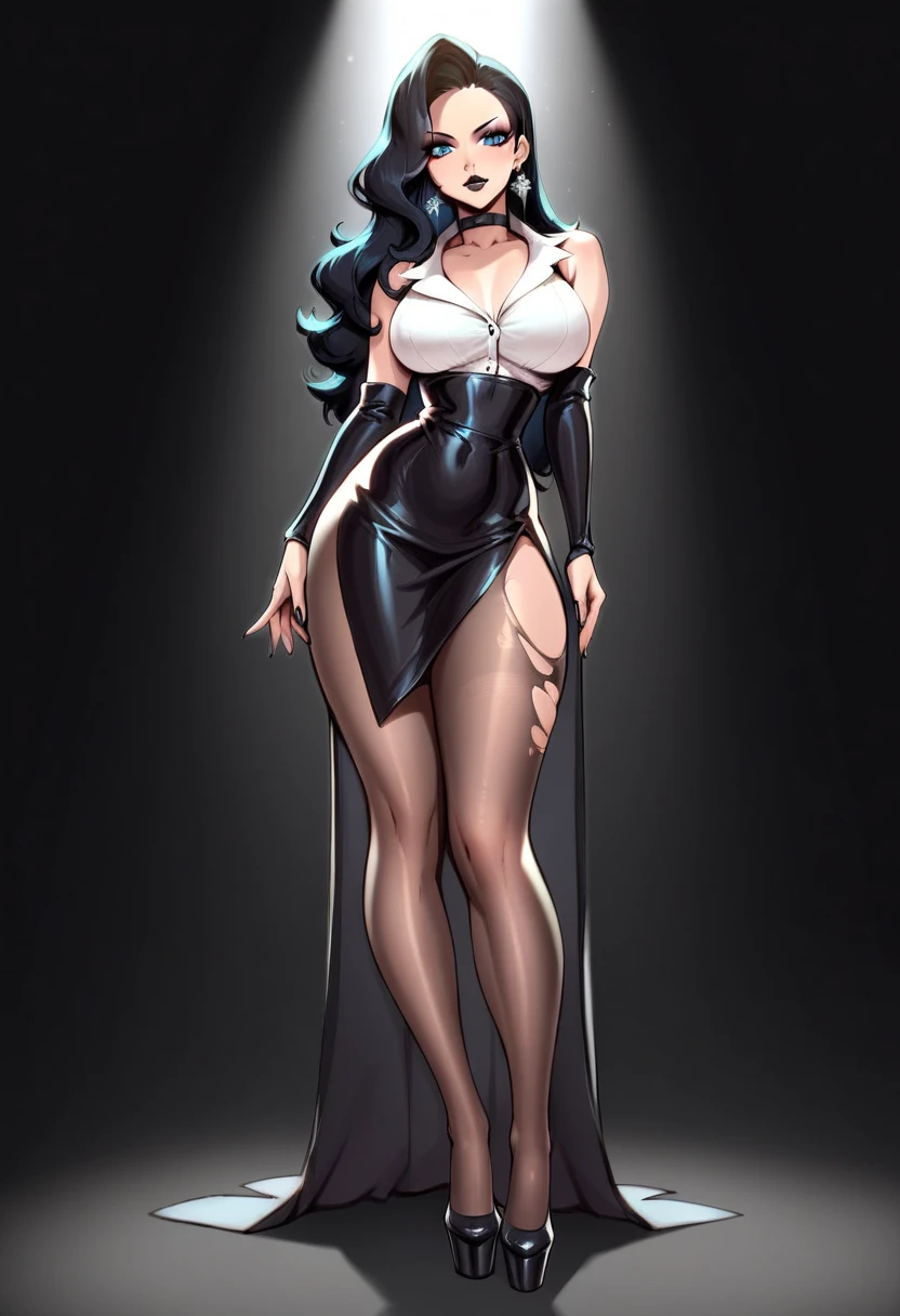 (masterpiece,  best quality:1.4),  top quality,  8k resolution,  sdrhstyl3,  wide-eyed,  solo,  pie eyes,  black hair,  long hair,  spot color,  finely detailed facem detailed eyes,  clean,  lipstick,  eyelashes,  cleavage,  smile,  standing,  hand on own hip,  looking at viewer,  dress,  fidhnet stockings,  heels,  best shadow,  simple background,  white background,<lora:EMS-223265-EMS:0.800000>