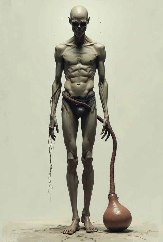 best quality, highres, masterpiece:1.2, ultra-detailed, realistic:1.37, an eight-foot-tall figure with yellowish, translucent skin, watery white eyes, black hair, pearly white teeth, and black lips, creating a grotesque and tragic appearance. drawing background, white background, monochromatic, line drawing, sketch.