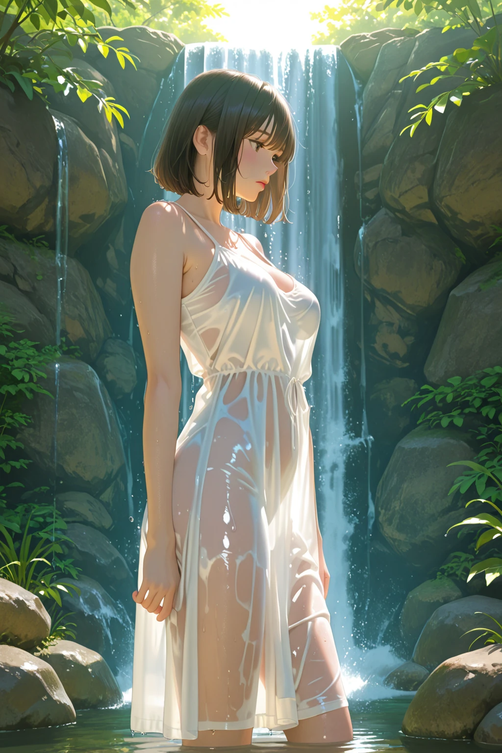 ((in the woods at night)), ((全裸の女性)),((fullnude:1)),  ((Waterfall in a very dark forest:1)), ((Bathed in moonlight from behind:1))、((Beautiful naked woman waist-deep in a pool at the base of a Japanese waterfall))),((beautiful woman standing in the middle of the pond:1)),((Beautiful naked woman in a beautiful pool at the foot of a waterfall)),  ((Sharp bewitching eyes))、((Obscene atmosphere))、pale skin、(Nipple bumps:1), (((1 girl in:1))), ((pale skin))、Melancholy beautiful face、Beautiful expression、Sexy face、Nipple bumps, (((Lower breast)))、(((Beautiful breasts ))), Beautiful 、Super fine face、Delicat eyes、(Double eyelids)、 (((1 Japan Woman:1)))、 Beautie, 20yr old,