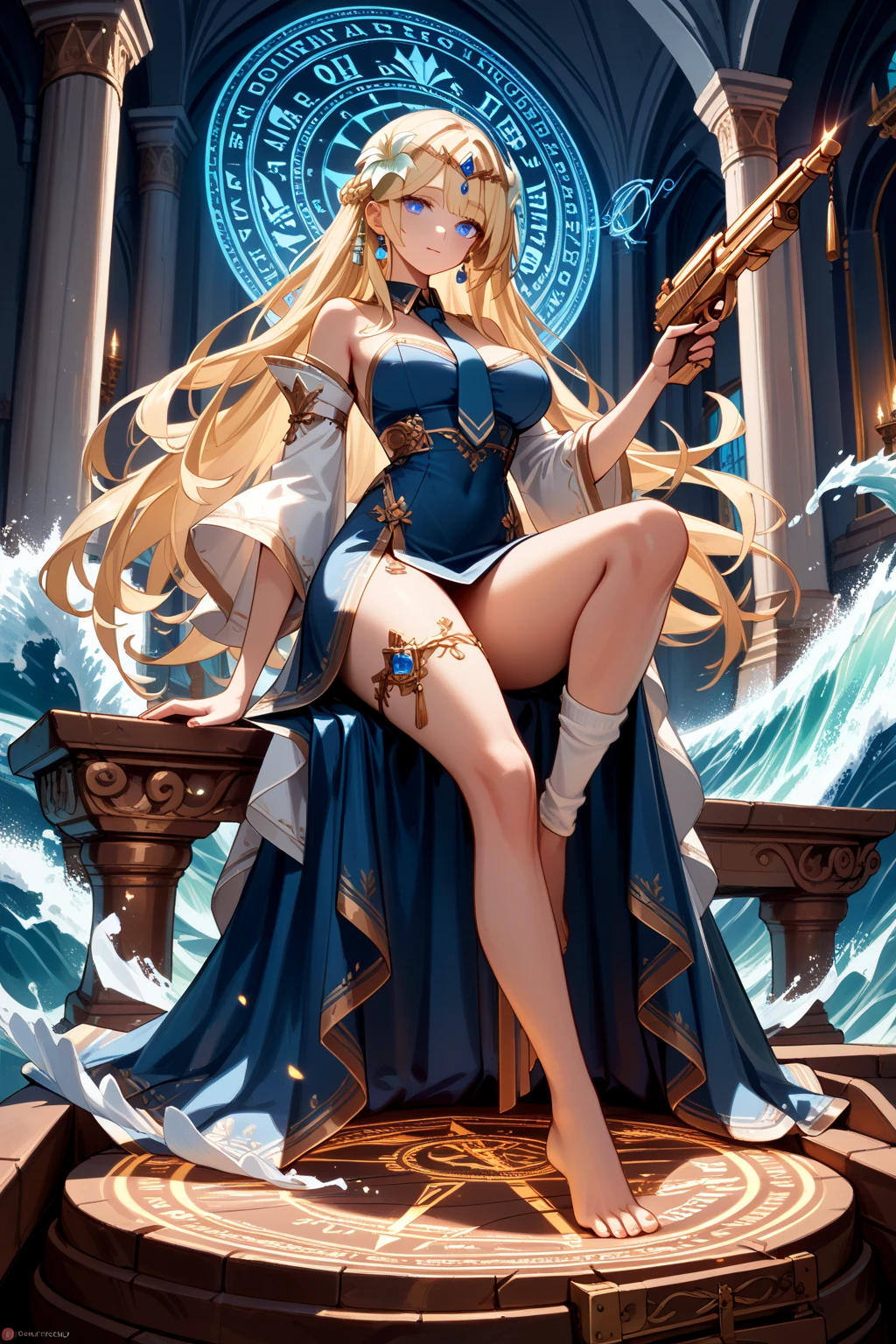 (Masterpiece), (Top Quality Anime Illustration), (Super Definition), One Girl, Solo, Silver-haired Beautiful Girl, Anime Loli, Cat Ear Loli, Cleavage Emphasis, Thigh Emphasis, Bastet God Costume, Egyptian Mythology, Water, Tarot Card Wind