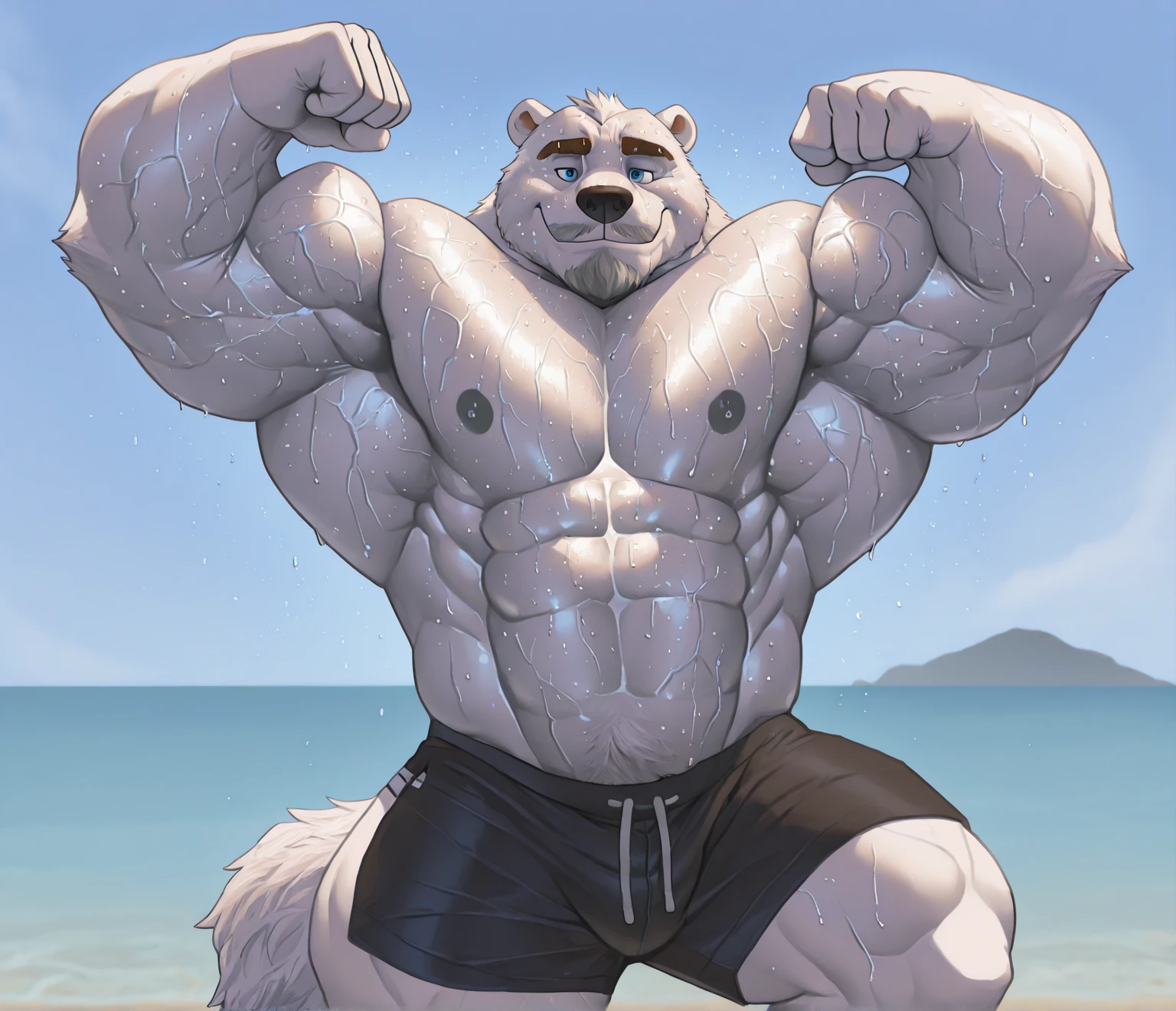 One tall Polar Bear with big muscular body in a huge white fur shirtless and topless with light blue shorts and a dog tag on his neck, veiny, leg squatting over 1000lbs