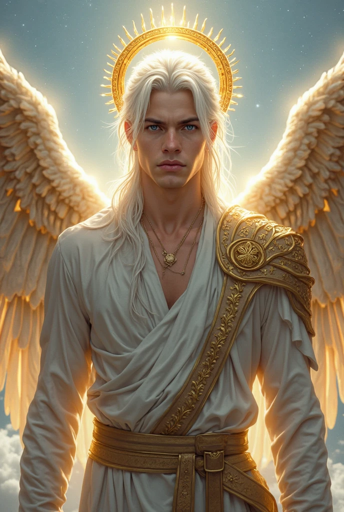 ((best quality)), ((masterpiece)), (detailed), Of course.
Eragon is a tall and muscular male angel who stands at a height of 6'8. He has shoulder-length white hair that is slightly curled and held back into a loose bun in the back. His eyes are a beautiful and pure, glowing gold. Eragon possesses golden skin with a fair pallor and several scars. A pair of large, glowing golden-white-blue wings adorned his back. He wears a tight and revealing outfit, one that perfectly accentuates his muscular build and smooth skin. A golden necklace of ouroboros hangs from his neck.