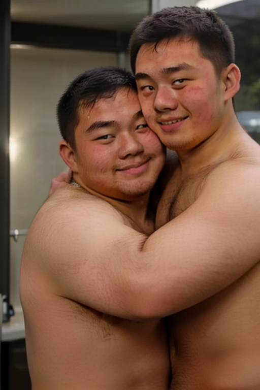 (3 man, trio, hugging each other,smiling:1.3) ，（Look back:2），40-year-old Mongolian man，Narrow bathroom，Simple house，White house，Simple green dormitory door，White Wall，Middle-aged man，Kind expression，enthusiasm，mature male,Cheerful,(Fat-encapsulated muscle），Huge chest muscles，Very thin man，Show chest cleavage，Strong muscles ,thin man，dwarf，Oily skin，Sweat，Mermaid Line，Pleurotus eryngii outline at crotch，Giant King Oyster Mushroom，Leg hair，full body shot，Photos of life，Sunlight，daytime，Blue sky，White Cloud，Wide-angle lens，Best image quality，no wearing, naked,huge penis,big balls,front view ,drooling,sweat,sweat penis,fat,fat,barefoot