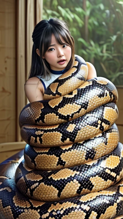 girl, kpop idol, pink t-shirt, denim jeans, beautiful long black hair, detailed brown eyes, plump lips, making like she wants to kiss you, view from viewer, , hotel bedroom, flirtatious look, ((very detailed)), (perfectly detailed face), japanese hime cut hairstyle, cowboy shot, masterpiece, best quality, highres,  out, beautiful detailed eyes, , snake, (coiled), (python), snake scales detailed, restrained, masterpiece}}}, {{highly extreme detailed}}, solo, Focus on the girl, {}, {sweaty}, {{python }}, (((object insertion))), jangle, spread arms, interspecies, , (Giant python , Giant python , ((Giant python )), Giant python , Giant python Coils, Passionate Squeeze) (((Giant python coils, Passionate squeeze, ))), coils,((The girl is wrapped around a giant python)), ((giant python )), giant python ,