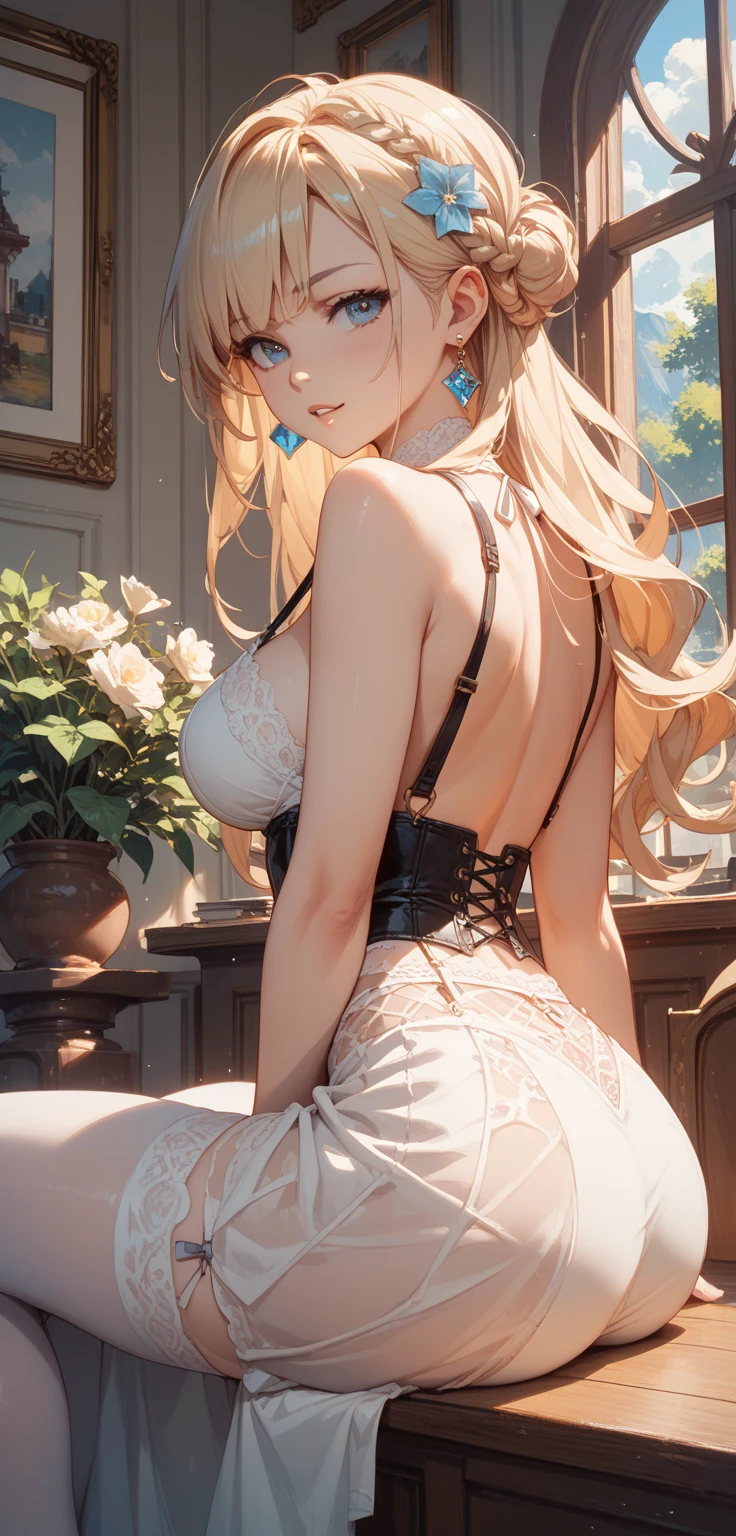 1girl,(8k),back view , AZ ,ass,detailed face,blond hair,blue eyes,medium hair,high_res, high_definition,sexy pose,black and blue sexy lingerie, masterpiece, best quality, breasts, thicc, tight ass, looking at viewer