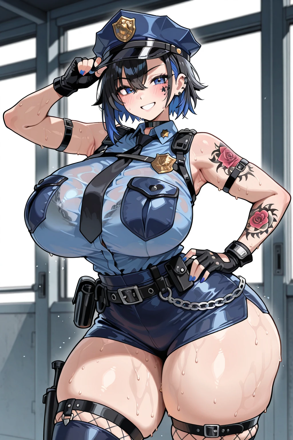 highest quality, High resolution,Anime Screen Capture, SF、three women、realistic, masterpiece, highest quality, perfect anatomy, (fine eyes), (female police officer, huge breasts, Sweat, outdoor, ((NSFW、navy blue sci-fi suit、navy blue protector、swollen nipples)), yellow eyes、bob cut、police hat、black hair ,  ((blush))、(wide hips),smile、 closed one eye、wide ass、((((embarrassing)))), )　　　　　　　　　　　　　　　　　　　(green eyes,((Light pink sci-fi suit、pink armor、striped bikini、mini skirt、obesity))、(wide hips、wide ass)、nurse cap、belt、thigh boots ,(huge breasts:1.2), blush, (embarrassing), :d, Dark brown hair in a ponytail、(((put your hand on your chest)))、(Are standing)、((red rim glasses))、)city