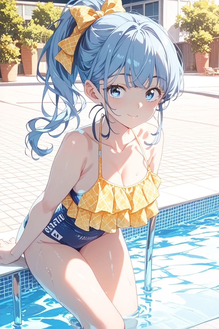 highest quality, 8K, masterpiece,genuine、1 girl、、long hair、twin tails、bewitching face、green eyes、 body shape、((big breasts))、((swimsuit:1.5)), I can see your nipples、((big breasts thin waist))、wet body、cowboy shot、positive、shiny body、Pee、look at the camera、((genitals visible))、Shoot head-on、masterpiece、highest quality