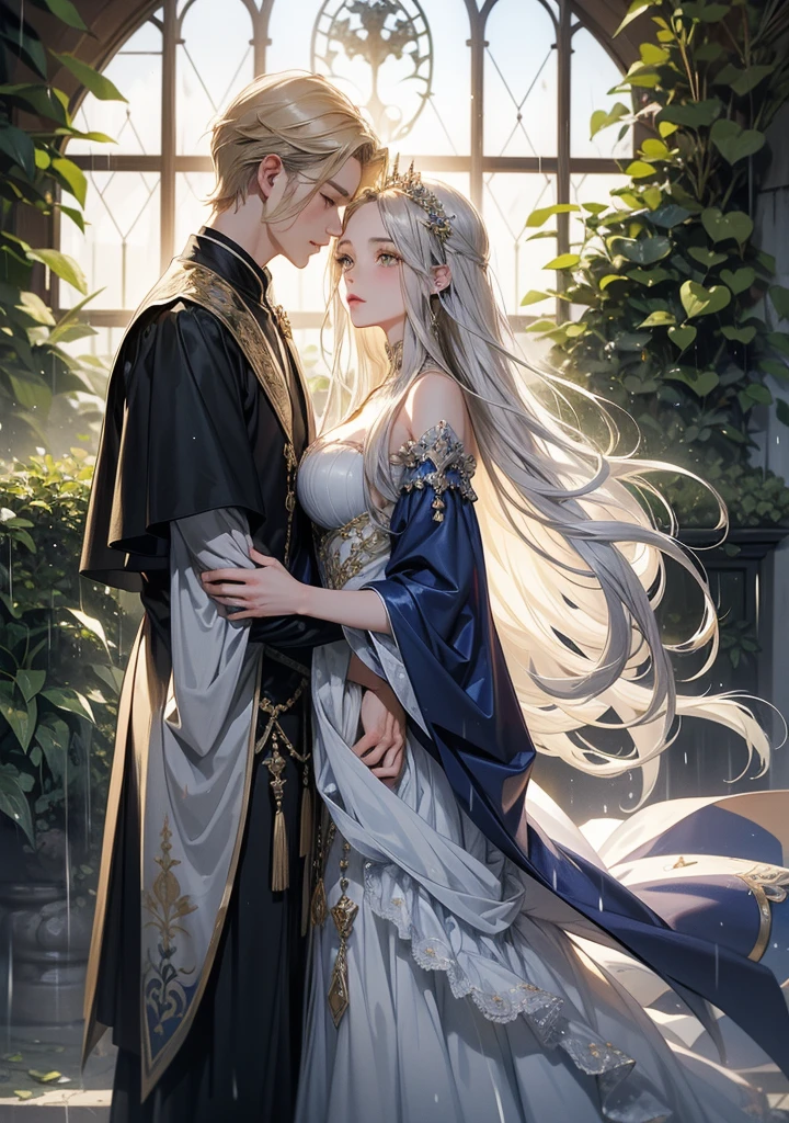 (High resolution: 1.4), (8K, ultra-realistic realism, best quality), Lunar glow, (picture perfect), (detailed face, detailed eyes, detailed skin, shining skin: 1.2), silver sequins sparkling dress, (intricate designs on the dress), (kissing, lips meeting softly), (blushing cheeks, love-struck expression), (moonlight reflecting off their eyes), (standing close, arms around each other), (background: moonlit forest, tall trees casting long shadows), BREAK, (movie-like, romantic atmosphere), (masterpiece: 1.4), (detailed background with a hint of mystery and