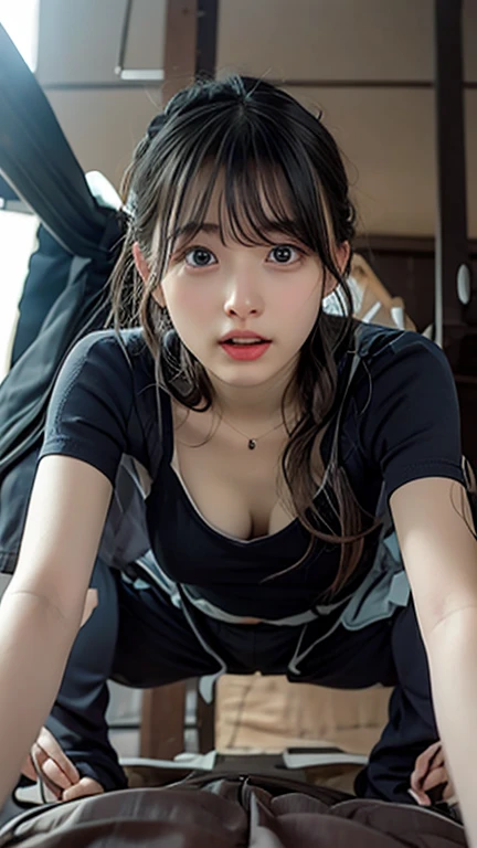 (Surreal), (figure), (High resolution), (8k), (Very detailed), (best figure),(Shooting from above)、(Detailed Background At school:1.2)、 Yoru ( Chainsaw Man ), (Beautiful fine details), (highest quality), (Super detailed), (masterpiece), (wallpaper), (Detailed face), alone,, Focus on the face, 1 girl, Long black hair, Korean, Light eyeshadow, Well-detailed eyes, Brown eyes, Small mole under eye,((School-designated gym clothes))((White gym clothes for the upper body、Long hem))、((Dark blue tight bloomers))、(((Tuck the bottom of your gym clothes into your bloomers)))、Big Breasts、((The upper body is wearing gym clothes))、((locker room))、Looking into the camera、、Full body photo、Focus on the crotch、Exposing thighs、((Raise your knees and spread your legs))、(Sitting on a white gymnastics mat) 、Low light, classroom,