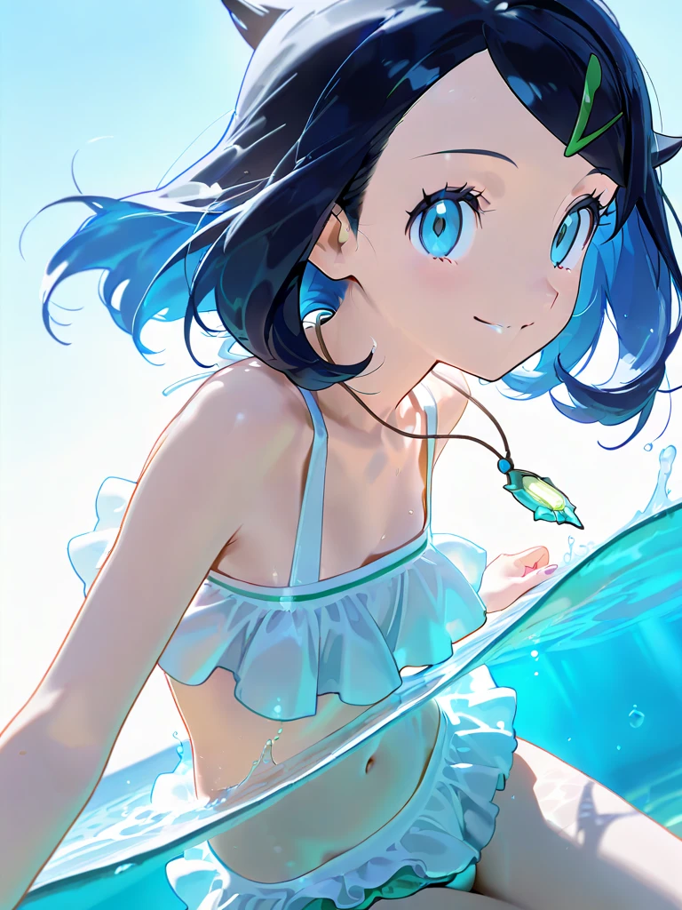Fubuki in swimsuit, green bikini with blue flowers