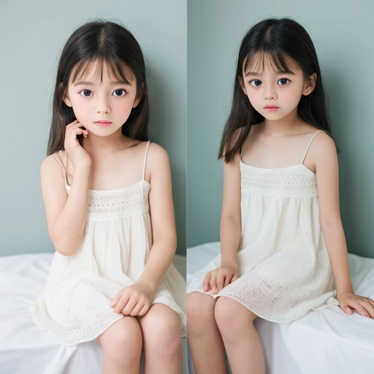 very cute female child,8 yo,Sheer white camisole,Cotton panties, Barefoot,Sweat, Summer,day,  Long hair,flat chest,BREAK masterpiece, Best Quality,Ultra-detailed,Wind,