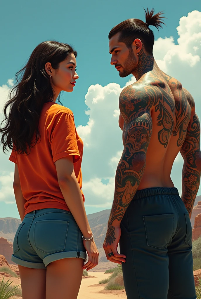 A hot brunette girl and a man with curly hair and beard walk hand in hand through the city. Lovestroy. er hat tattoos. Body view, bright light, viewer,