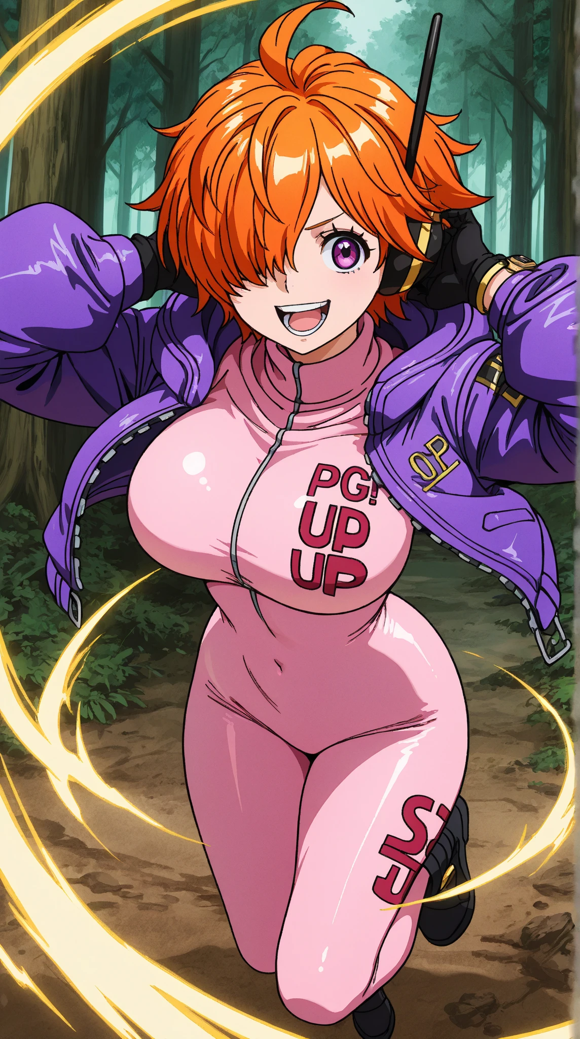 masterpiece, ((ultra detailed background, delicate pattern, intricate detail)), (highly detailed, fine details), best quality, beautiful lighting, ((medium breasts, slim girl)), 1girl, Lilith, (bangs covering one eye), ((light orange hair)), headphones, purple eyes, dark-blue jacket, ((pink bodysuit, full-body suit)), complex detailed background, inside, futuristic environment, laboratory, bookshelf, (cowboy shot),  <lora:Lilith:0.9>
