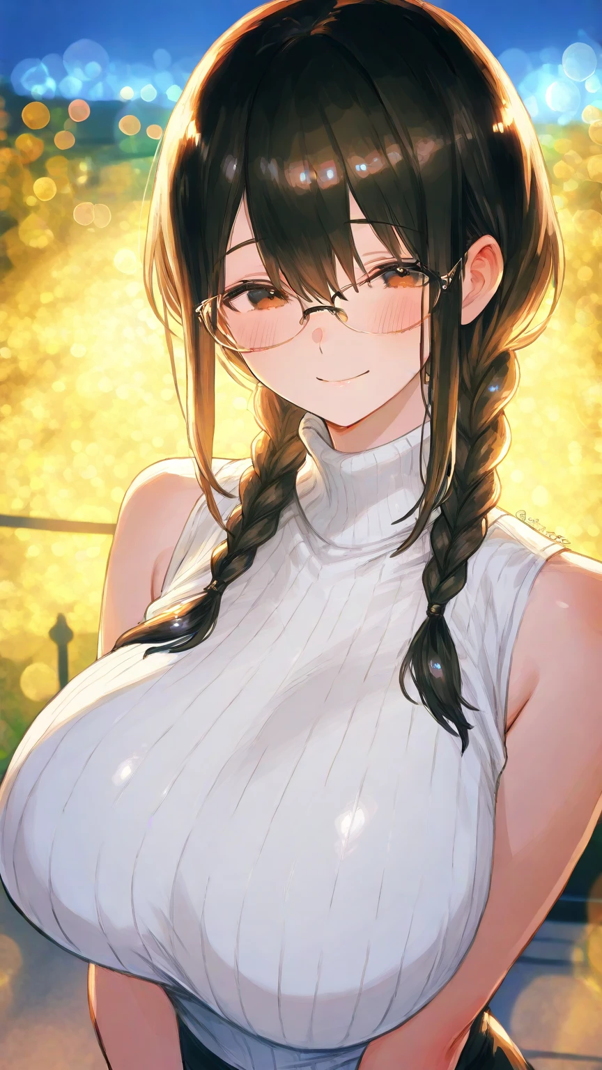 NSFW、1 Female、Brown hair、Brown Eyes、Best Quality、Super detailed、8 Resolution、Raw photo、Mastepiece、Perfect Body、high resolution、Highest quality、Detailed drawing、Vibrant colors、lure、Long Hair、Black-rimmed glasses、Captivating breasts、Big Breasts、Autumn scenery
