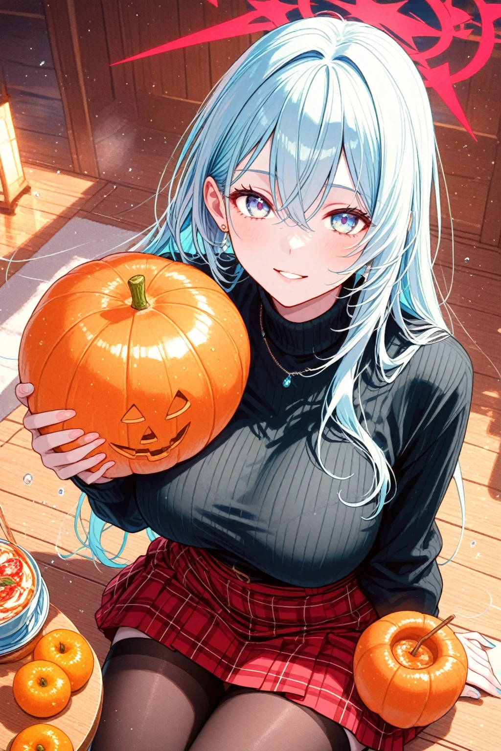 Anime girl with short neck-length blue hair, round glasses, huge breasts, black shirt and ripped jeans. holding a packet of halloween candy with cum inside and her face covered in cum.