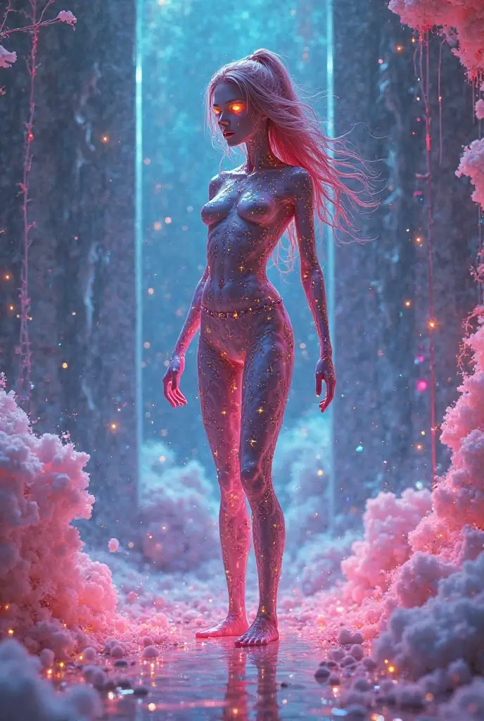 A man from the very distant future in his evolution, represented as a tall, slender figure, with a slightly androgynous appearance. Her skin is a pearly tone with a slight metallic sheen., reflecting advances in genetics and biotechnology. His eyes are big, of an iridescent color that changes with the light, and her hair is short, of a silvery white color, floating slightly due to the low gravity of its surroundings.
She is wearing a tight garment made of an unknown material., with a minimalist but sophisticated design, that appears to change shape and color depending on its surroundings. The background landscape is a futuristic world with fluid architecture, buildings that rise towards the sky in organic and curvilinear shapes, illuminated by a soft, diffuse light coming from a distant sun. The vegetation is strange and bioluminescent, with plants that emit soft flashes in colors never seen before.
The overall atmosphere has a whimsical touch., Almost ethereal, with elements that seem to float in the air and an atmosphere that suggests a mix of nature and technology in perfect harmony.