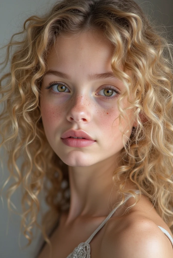a photographic portrait of a beautiful girl with curls and lots of freckles, (cabelo loiro sujo:1.10), (retrato de rosto:1.5), dramatic light, Rembrandt lighting scheme