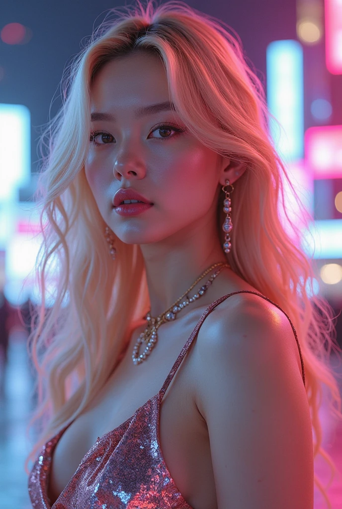 A blonde Korean girl, adol is kpop, pink back ground, long hair, super realistico, looks like rose from black pink
