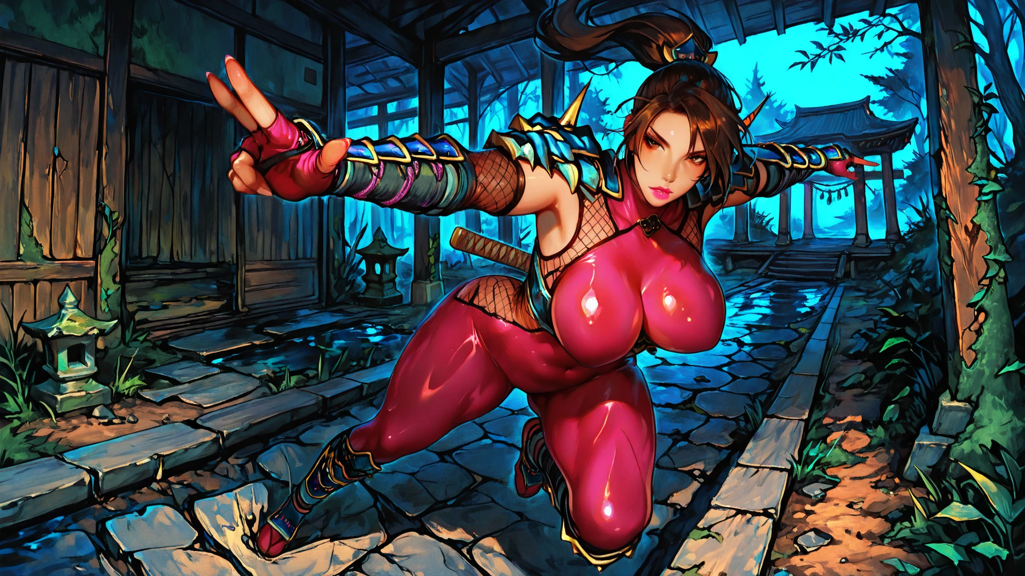 best quality, highres:1.2), ultra-detailed, realistic:1.37, KUNOICHI Taki from the game Soul Calibur 5 dashing through the scene with unparalleled swiftness. Her svelte figure is accentuated by a form-fitting leotard that meticulously contours every muscle and curve. Her ample G-cup breasts and voluptuous buttocks sway seductively with each stride. In her hand, she clutches a dagger, its edge glinting menacingly in the dramatic, cinematic lighting. The environment around her is a violent whirlwind of motion and intensity