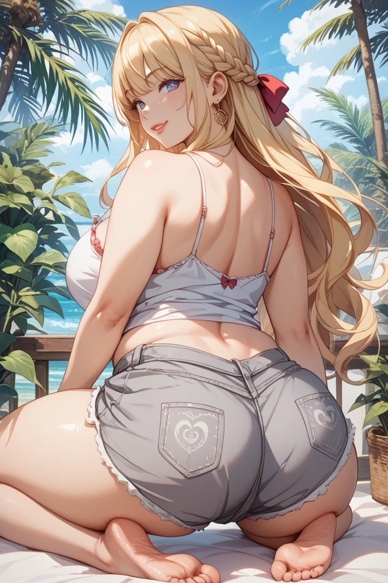 ultra-detailed, ((one girl)), ((tan skin:1.4)), in pastel colors gyaru, (heavy makeup), hyper detailed, absurdres, 8K, Beautiful Face, (Laugh shyly), ((teasing smile)), ((sweat)), ((Wink:1.5)), (Laugh with your mouth wide open),((Tilt your face:1.6)), View your viewers, ((Bright red cheeks:1.6)),Glossy Red Lips, ((huge breasts:1.5)), ((undressing:1.2)),((Exposed nipples)), noon, Terrace with sea view, ((Anime style background)),masterpiece, Highest quality, so beautiful,Latest, Complex details, ((Long neon pink nails)), (nail art), (ring),(bracelet), (Floral Choker),AI-generated, Complex,High resolution, Highest quality, super high quality,3D Images、3D Images,One person,Blonde long hair,(High Ponytail), (wavy hair:1.3), Blonde anime woman posing for a photo, ((Fine grain、blue eyes、glowing eyes:1.4)), (Squint your eyes:1.1),a hyperRealistic , hyperRealistic , Realistic,Anime woman with long pastel yellow hair, Smooth anime CG art, A girl in a gorgeous pastel-colored kimono, ((Pastel-colored furisode)),(Pink large floral pattern), Long flower hair ornament,big hoop earrings, Mature Body, Big Hips, tall,Narrow waist, on bench, ((from behind:1.5)), ((all fours:1.5)), ((twisted torso:1.3)), ((Stick your ass out)),(hip focus),