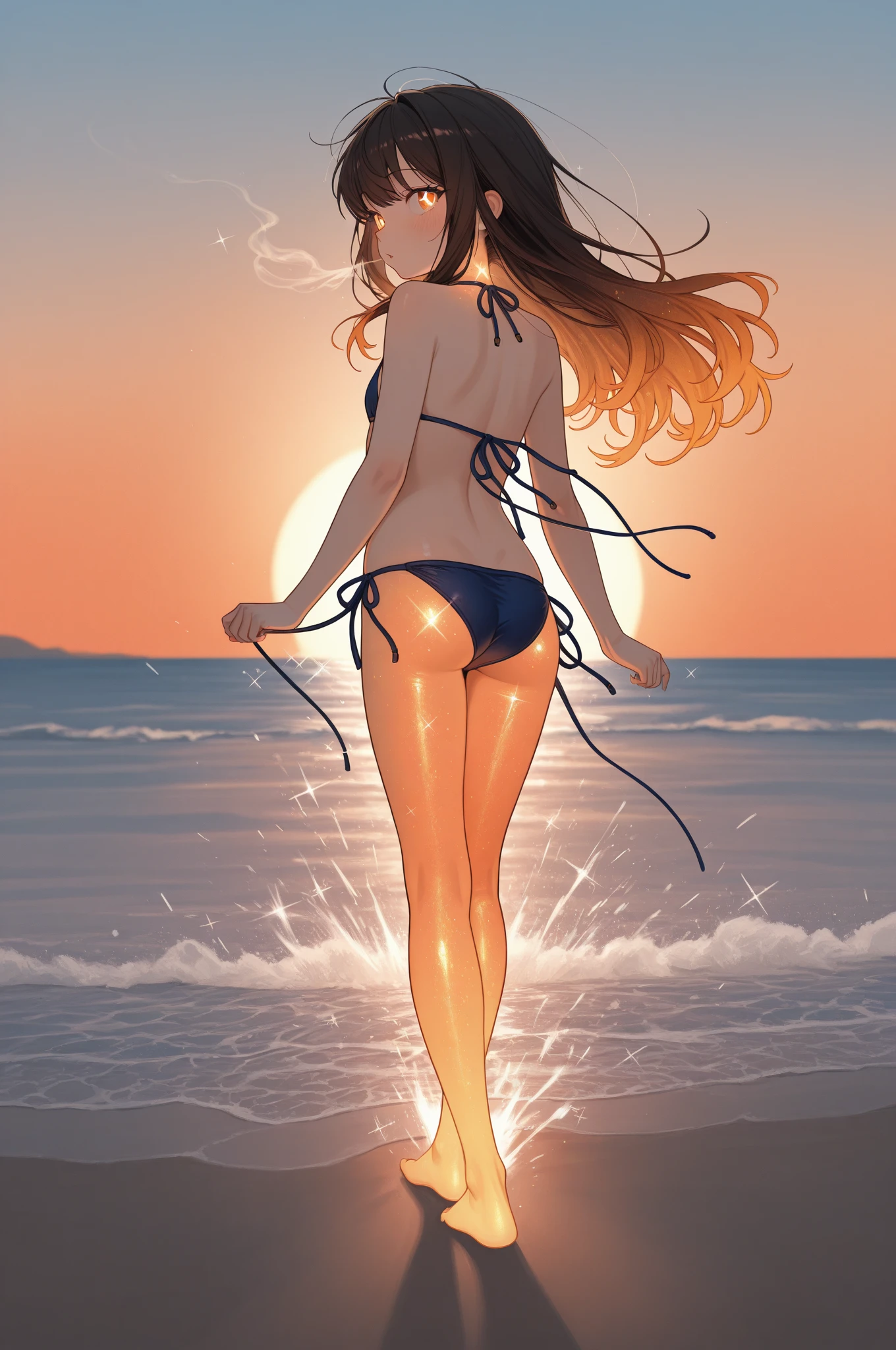 Under the stars、Cumulus clouds partially obscure the stars、Wide angle view of a snow mountain. A full-body  with a woman in her 30s standing with her back slightly turned, Confident、She is looking back over her shoulder with a slightly mysterious expression.. She is wearing a white patterned bikini with a delicate necklace and other details., (Bikini),Earrings, and bracelets. Her blonde hair, Styling with a short bob, Disheveled hair blowing in the wind. The lighting is soft, The mix of backlighting and natural lighting makes her look more realistic., Tanned skin and toned body. The background is a serene beach scene, Seven-colored sparkling snow is falling,The vastness of the starry sky creates a fantastical and tranquil atmosphere.. The focus is on her pose and her fine features., Reminiscent of classical paintings、Ghibli-inspired color palette、Emphasis on realism and charm.masterpiece, Highest quality, Anime Style, 