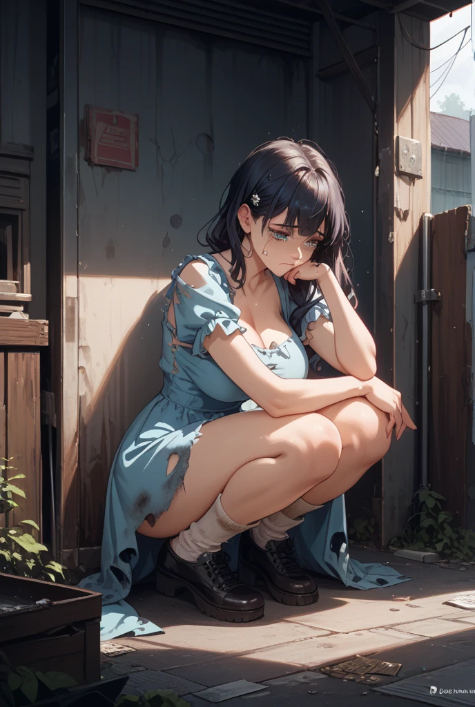 aqwskkr, 1girl, beautiful, masterpiece, 8k, hugging own legs,night time, soft light, soft skin, (blue hair:1.1), hair ornament, medium length hair, blue shorts, white camisole, high heel sandals, (crying:1.1)