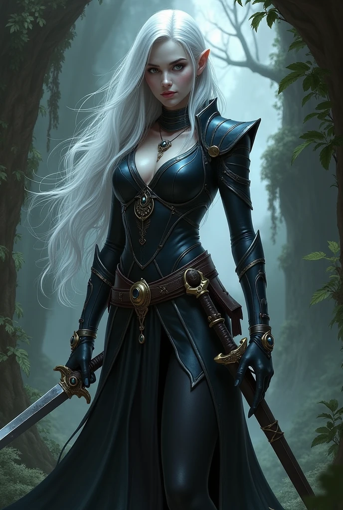 A beautiful dark-skinned woman (full body portrait), long wavy silver-white hair, (detailed blue eyes), (beautiful detailed face), pointed ears with silver earrings, (perfect attractive body)(large breasts), (wide hips), (thick thighs) wearing a (high-collared) low-cut dress (black in color) that reaches mid-thigh, long black cape (connected at the front with a silver chain) (a blue diamond hung from a long silver chain around the neck), black high-heeled boots up to the knee, an (intricate) silver belt around the waist, a (medium-sized) silver sword decorated with precious stones hanging from the belt, in the background a field full of blue flowers, (in the background a dense forest of tall white-trunked trees with red foliage)