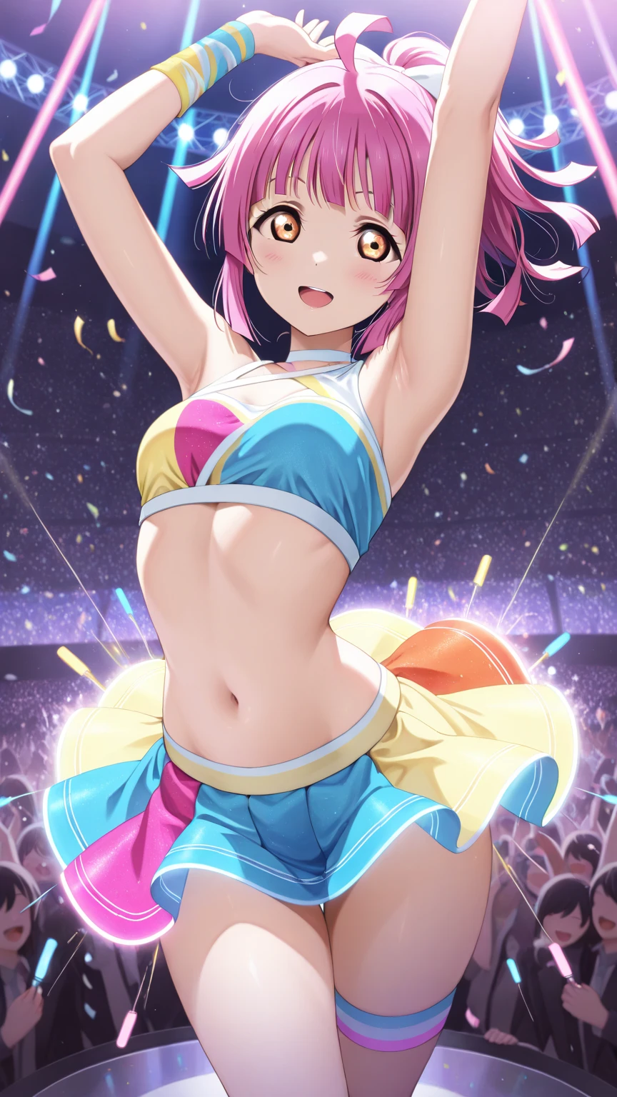 A beautiful girl is dancing in the midst of colorful confetti