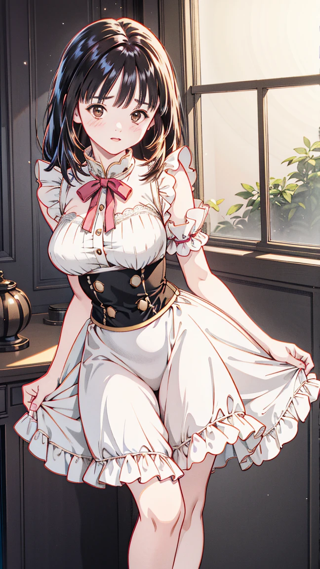 1 girl, mami tomoe, skirt, corset, big breast, skirt lift, self lift, (white panties), look at viewer, sobbing, half-open eyes, :o, tearing up