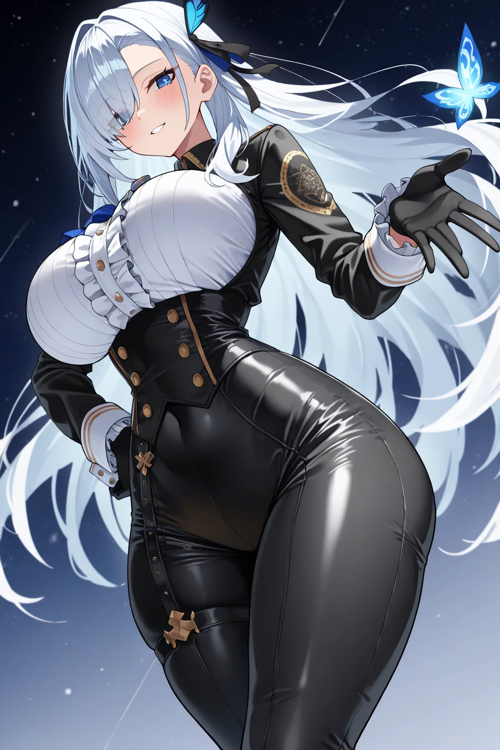intricate details, cinematic light, 1girl, high resolution illustration, (masterpiece:1.5), (best quality:1.2), (beautiful background:1.2), detailed background, kuybyshev, (sitting), big hips, cold colors, stockings, hat, curvy body, <lora:kuybyshev:0.7>